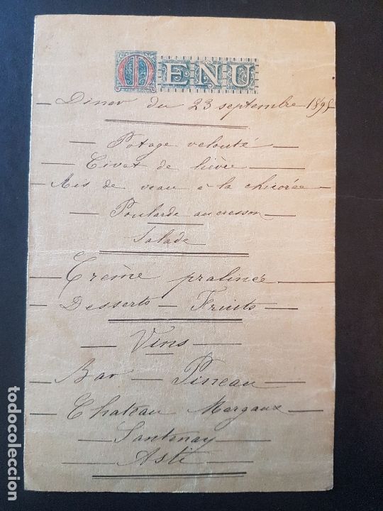 Documentos antiguos: MENU MINUTA 1898 - Foto 1