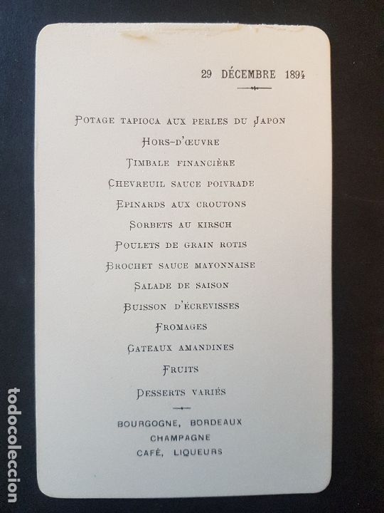 Documentos antiguos: MENU MINUTA 1894 - Foto 2