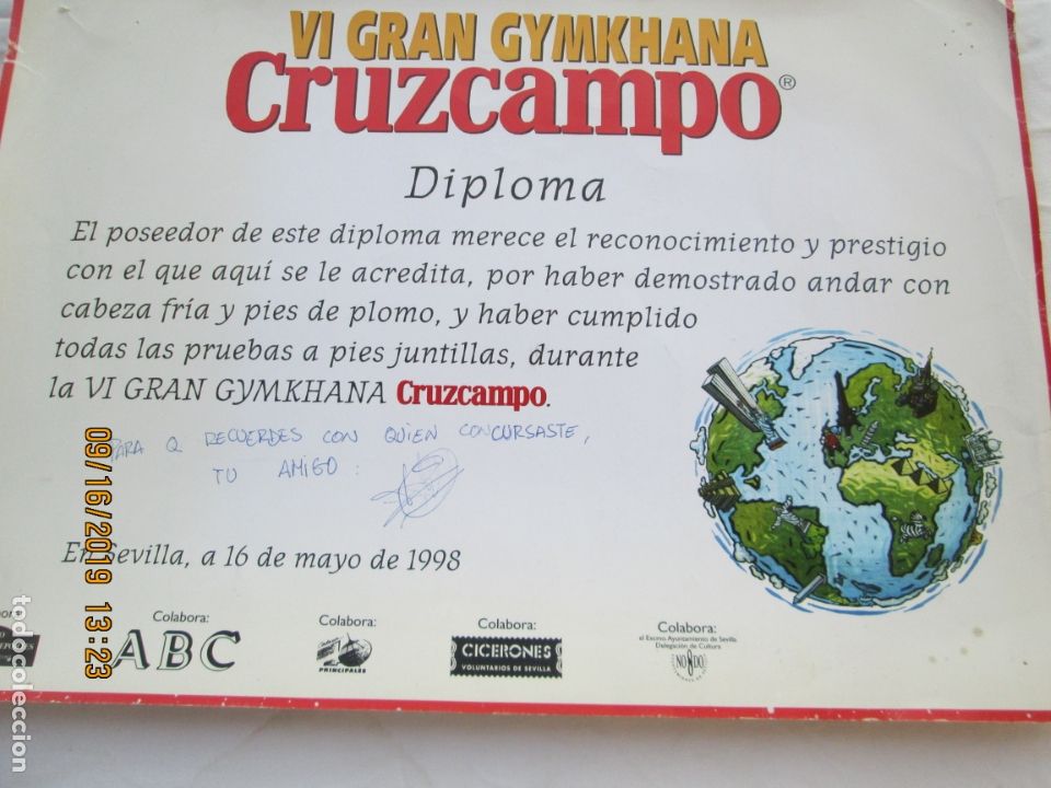 Documentos antiguos: DIPLOMA CRUZCAMPO VI GRAN GYMKHANA 1998 SEVILLA - MEDIDAS 42X30 CM.