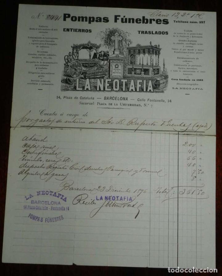 Documentos antigos: FACTURA LA NEOTAFIA, POMPAS FUNEBRES, BARCELONA, MUERTE, ENTIERRO EL 23 DE DICIEMBRE DE 1896, MIDE 2