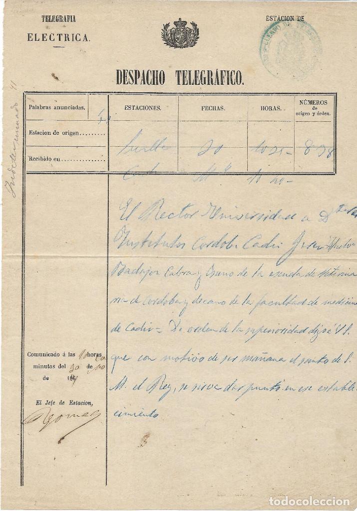 Documentos antiguos: DESPACHO TELEGRAFICO RECTOR UNIV. SEVILLA A DIRECTORES DANDO FIESTA POR EL SANTO DEL REY, 1867