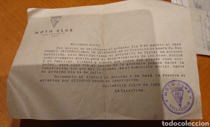 Documentos antigos: Valladolid, moto club,a&ntilde;os 50,buen documento,original