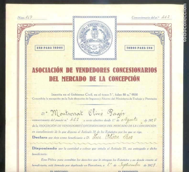 Documentos antiguos: Barcelona. *Asociaci&oacute;n de Vendedores Concesionarios del Mercado de la Concepci&oacute;n* A&ntilde;o 1929.