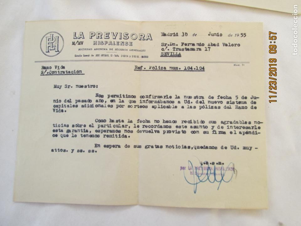 Documentos antiguos: DOCUMENTO AP&Eacute;NDICE P&Oacute;LIZA VIDA LA PREVISORA HISPALENSE - SEVILLA 1955. - Foto 2
