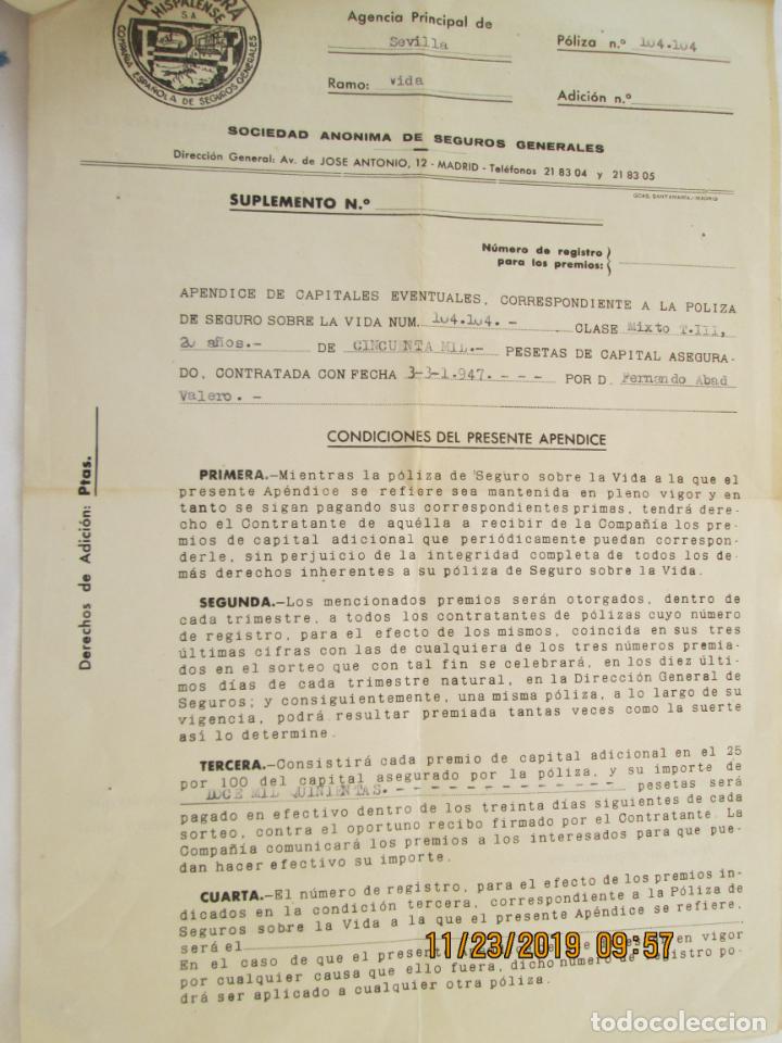 Documentos antiguos: DOCUMENTO AP&Eacute;NDICE P&Oacute;LIZA VIDA LA PREVISORA HISPALENSE - SEVILLA 1955. - Foto 3