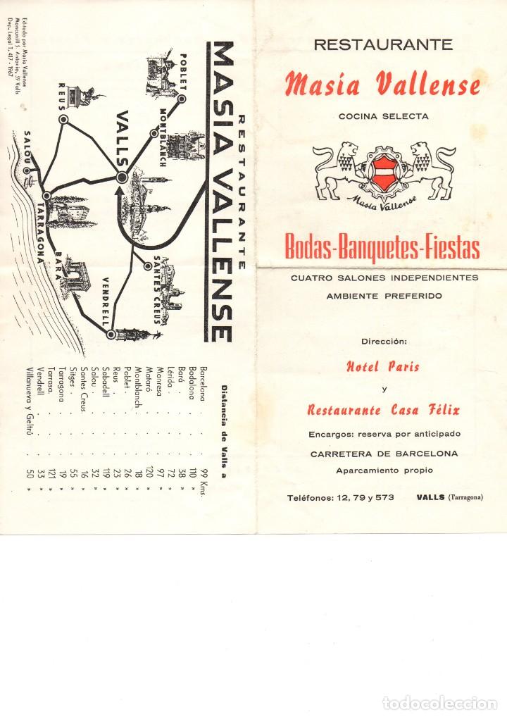 Documentos antiguos: publicidad Masia Vallense direcci&oacute;n Hotel Paris y Rte. Casa F&eacute;lix Valls Tarragona a&ntilde;os 70