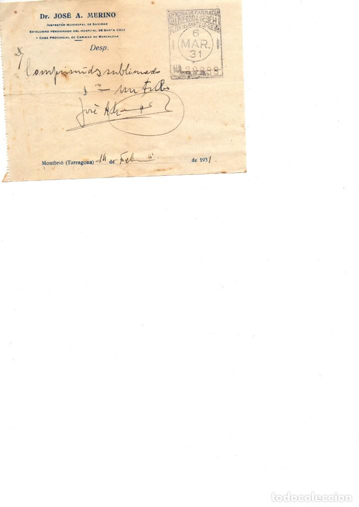Documentos antiguos: Dr Jos&eacute; A. Merino Montbri&oacute; Tarragona 1931 receta