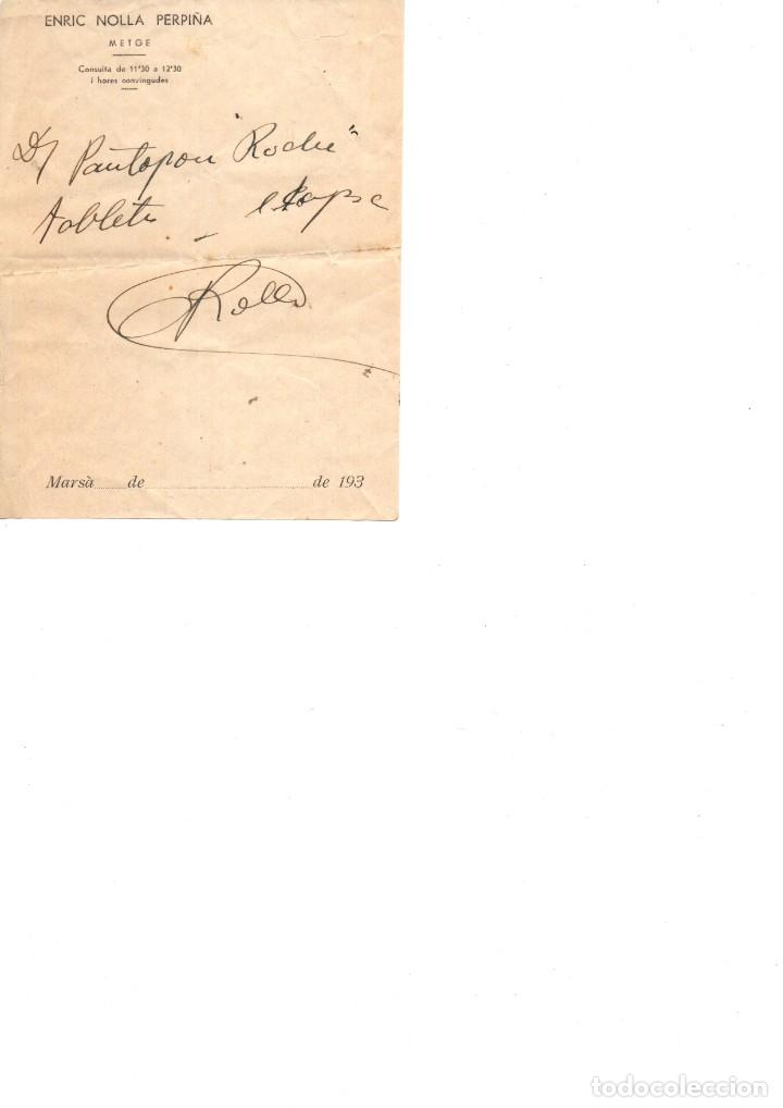 Documentos antiguos: Enric Nolla Perpi&ntilde;a Metge Marsa Tarragona receta 1930