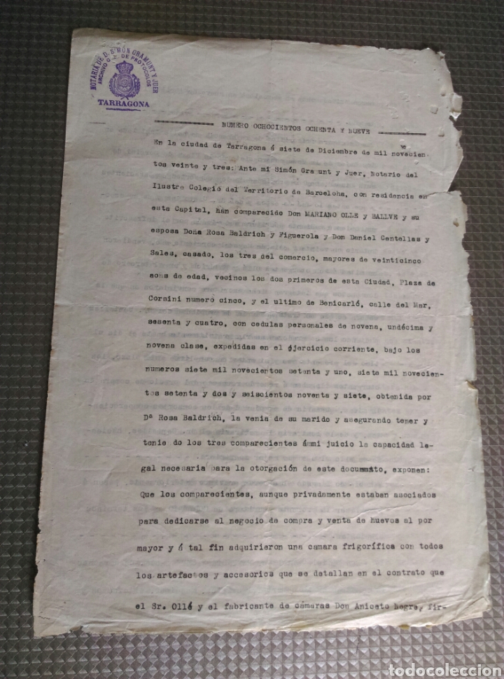 Documentos antiguos: Antiguo Documento notario Tarragona 1923 - Foto 1