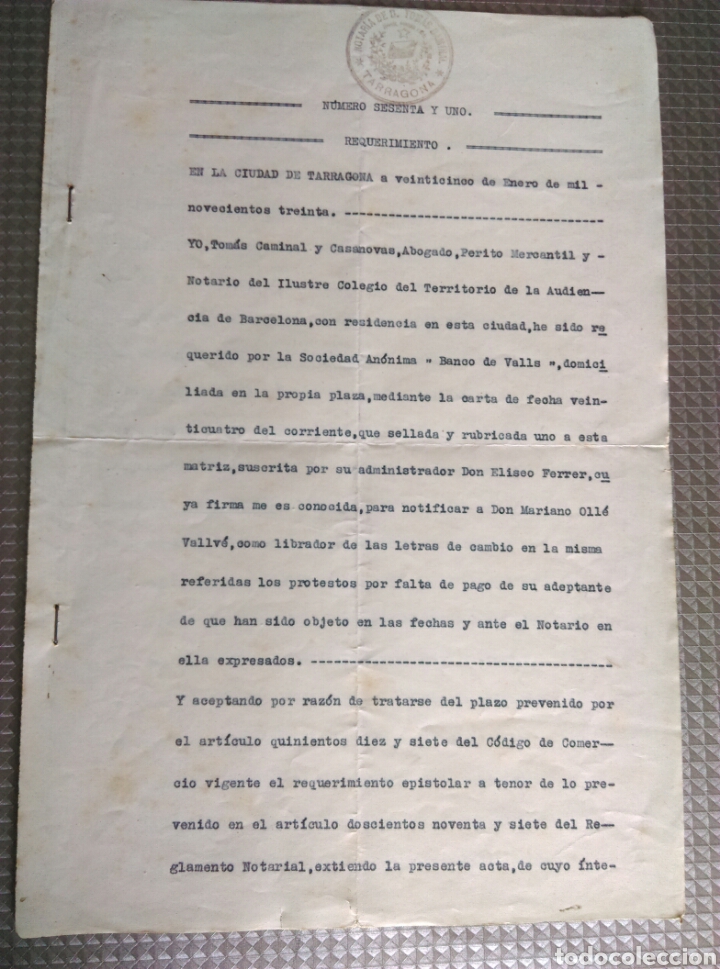 Documentos antiguos: Antiguo documento Valls Tarragona a&ntilde;o 1930 - Foto 1