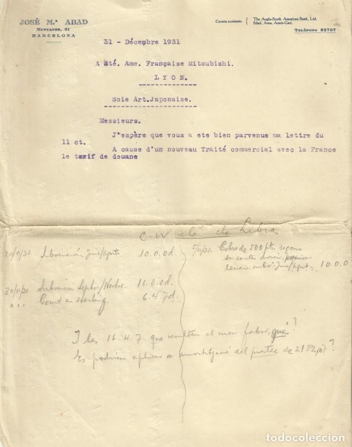 Documentos antiguos: Carta a Fran&ccedil;aise Mitsubishi. Lyon. De Jos&eacute; Mar&iacute;a Abad. 31 diciembre de 1931. Barcelona.