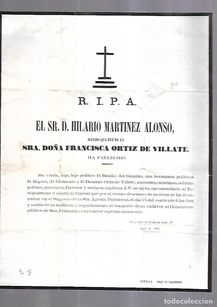 Documentos antiguos: ANTIGUA ESQUELA. HILARIO MARTINEZ ALONSO MARIDO DE FRANCISCA ORTIZ DE VILLATE. SEVILLA. 1864.