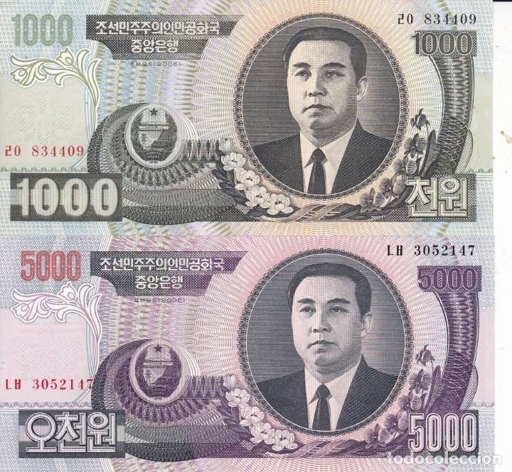 Documentos antiguos: 2 billetes de korea del Norte de 1000 y 5000 won S/C - Foto 1