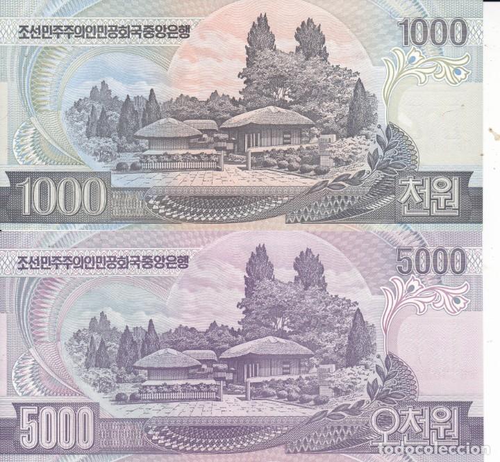 Documentos antiguos: 2 billetes de korea del Norte de 1000 y 5000 won S/C - Foto 2