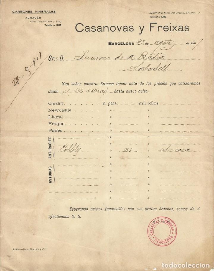 Documentos antiguos: Casanovas y Freixas. Carbones minerales. Barcelona. 1907. Carta a A. Bad&iacute;a. Sabadell.