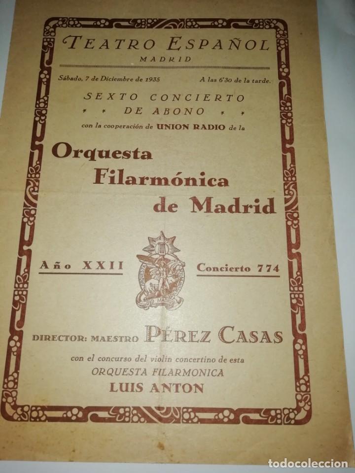 Documentos antiguos: programa dipticoorquesta filarmonica madrid perez casas  con violin luis anton 1935
