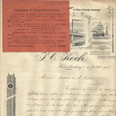 Documentos antiguos: J. C. KOCH. FABRIQUE DE BALAIS POUR DYNAMOS. HOHENLINBURG. 1907. CARTA A A. BADÍA. SABADELL.