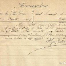 Documentos antiguos: HIJOS DE M. TOUS. MEMORÁNDUM. 1907. CARTA A A. BADÍA. SABADELL.