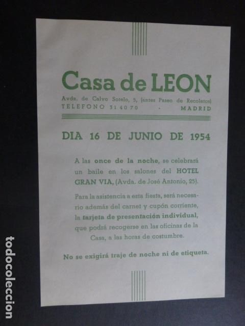 Documents Anciens: CASA DE LEON EN MADRID 1954 IMPRESO ANUNCIO BAILE EN EL HOTEL GRAN VIA 11 X 16 CMTS