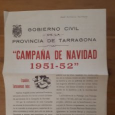 Documentos antiguos: GOBIERNO CIVIL TARRAGONA. CAMPAÑA NAVIDAD 1951-52. Lote 191650070