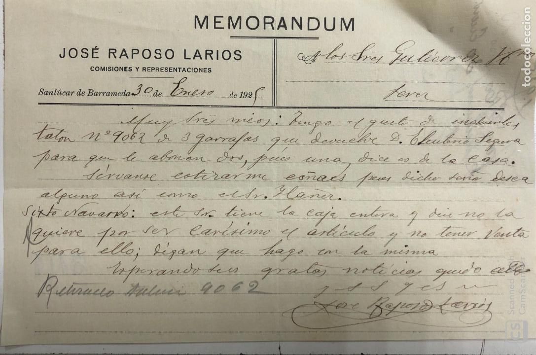 Documentos antiguos: JEREZ DE LA FRONTERA. MEMORANDUM. JOSE RAPOSO LARIOS. 1922.