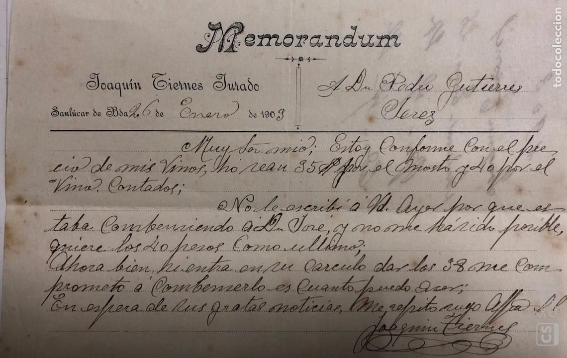 Documentos antiguos: JEREZ DE LA FRONTERA. MEMORANDUM. JOAQUIN CIERNES JURADO. 1909