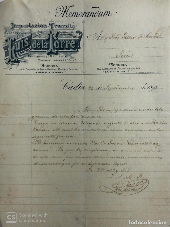 Documentos antiguos: CADIZ. MEMORANDUM. LUIS DE LA TORRE. 1893