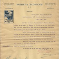Documentos antiguos: MUEBLES DECORACIÓN S.A. BARCELONA. 1921. SABADELL. AL PRESIDENTE GREMIO DE FABRICANTES. 