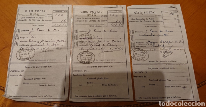 Documentos antigos: Rep&uacute;blica espa&ntilde;ola. Burgos, resguardo giro postal. Lote de tres.