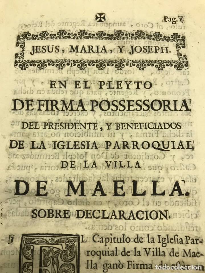 Documentos antiguos: 1749. MAELLA, ZARAGOZA. IGLESIA PARROQUIAL FIRMA POSSESSORIA.