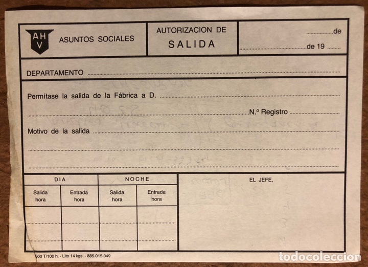 Documentos antiguos: ANTIGUA AUTORIZACI&Oacute;N DE SALIDA POR ASUNTOS SOCIALES DE ALTOS HORNOS DE VIZCAYA (AHV).