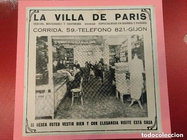 Documentos antiguos: Publicidad montada en cart&oacute;n La Villa de Paris Calle Corrida Gij&oacute;n Asturias. 23 x 21,50 cm
