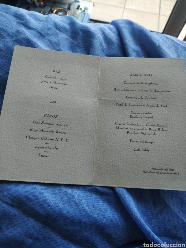 Documentos antiguos: Carta Menu Boda 1945 Hotel Rosaleda del Ritz Barcelona