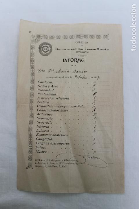 Documenti antichi: COLEGIO RELIGIOSAS DE JESUS MARIA, ORIHUELA, INFORME DE ALUMNA 1917
