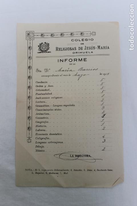 Documenti antichi: COLEGIO RELIGIOSAS DE JESUS MARIA, ORIHUELA, INFORME DE ALUMNA 1918