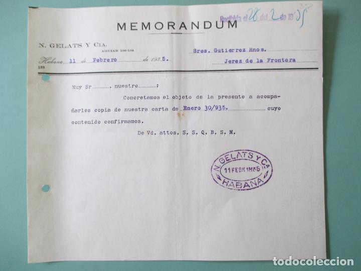 Documentos antiguos: MEMORANDUM. N. GELATS Y CIA. HABANA 1935. GUTIERREZ HERMANOS. JEREZ DE LA FRONTERA.