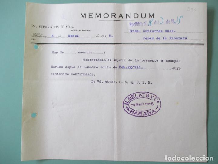 Documentos antiguos: MEMORANDUM. N. GELATS Y CIA. HABANA 1935. GUTIERREZ HERMANOS. JEREZ DE LA FRONTERA.