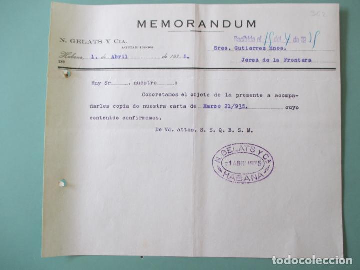 Documentos antiguos: MEMORANDUM. N. GELATS Y CIA. HABANA ABRIL 1935. GUTIERREZ HERMANOS. JEREZ DE LA FRONTERA.