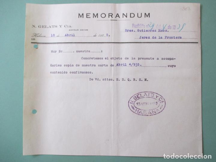 Documentos antiguos: MEMORANDUM. N. GELATS Y CIA. HABANA ABRIL 1935. GUTIERREZ HERMANOS. JEREZ DE LA FRONTERA.