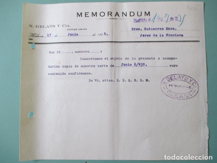 Documentos antiguos: MEMORANDUM. N. GELATS Y CIA. HABANA JUNIO 1935. GUTIERREZ HERMANOS. JEREZ DE LA FRONTERA.
