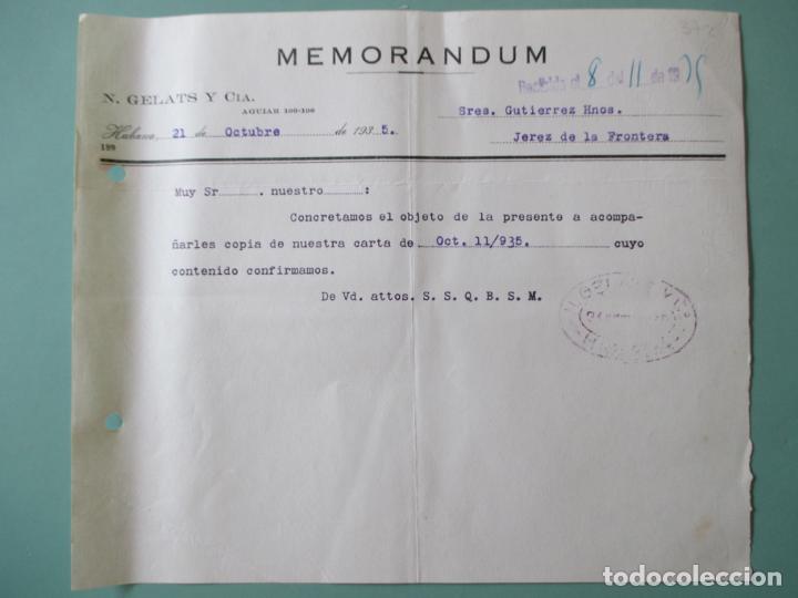 Documentos antiguos: MEMORANDUM. N. GELATS Y CIA. HABANA OCTUBRE 1935. GUTIERREZ HERMANOS. JEREZ DE LA FRONTERA.