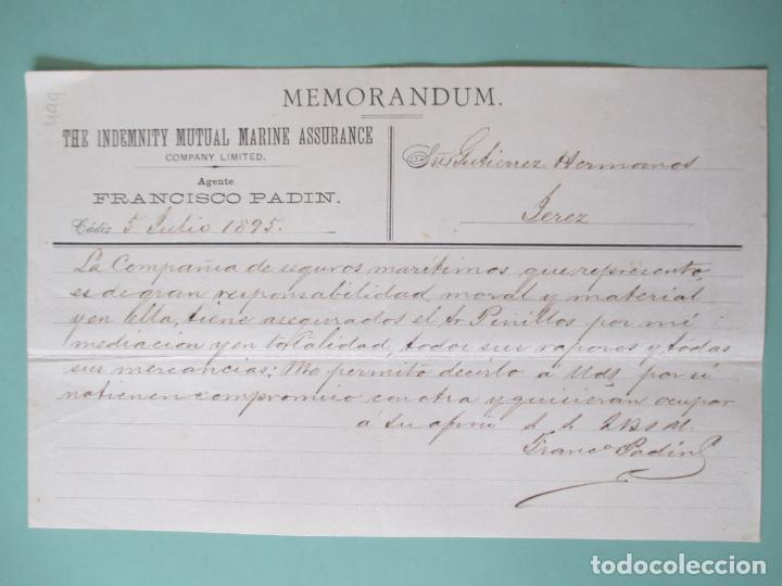 Documents Anciens: MEMORANDUM. THE INDEMNITY MUTUAL MARINE ASSURANCE. FRANCISCO PADIN. C&Aacute;DIZ 1895. GUTIERREZ HERMANOS