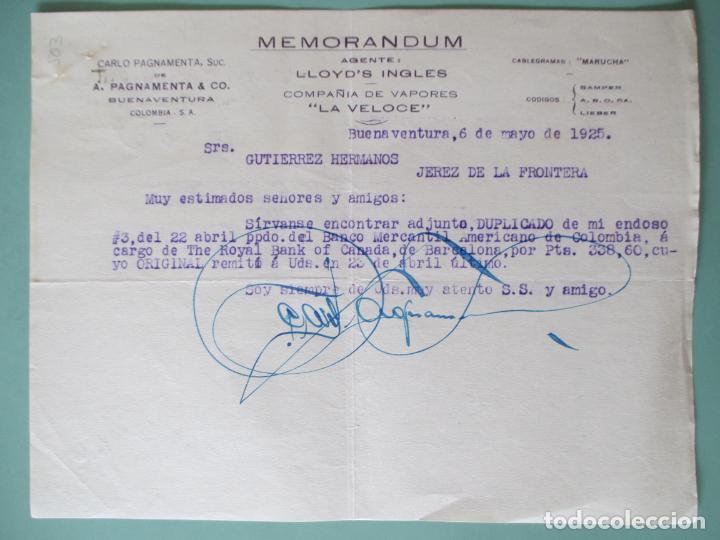 Documents Anciens: MEMORANDUM. CARLO PAGNAMENTA. BUENAVENTURA. COLOMBIA. LLOYD&acute;S INGLES. LA VELOCE. 1925