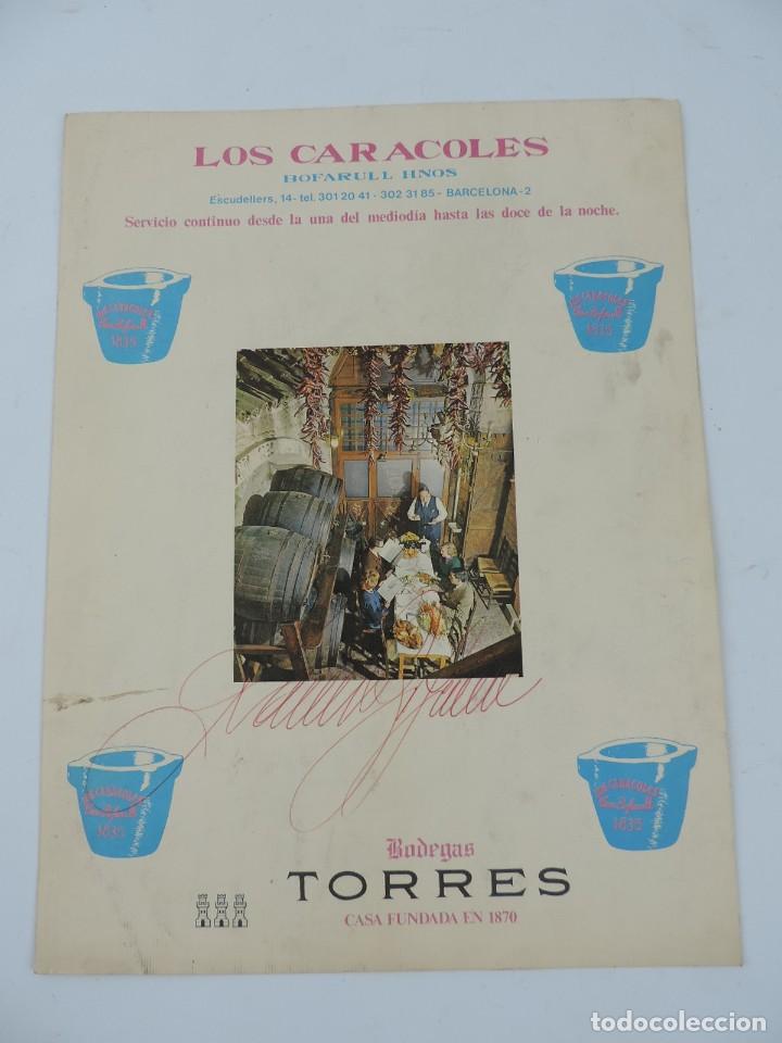 Documentos antigos: MENU DEL RESTAURANTE LOS CARACOLES BAFARULL HNOS. BARCELONA. AUTOGRAFIADO. MIDE CERRADO 31 X 23 CMS