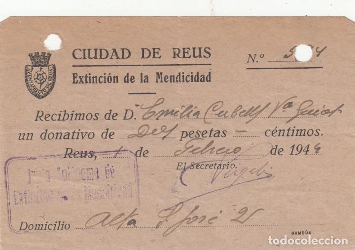 Documentos antiguos: RECIBO EXTINCI&Oacute;N DE LA MENDICIDAD - REUS - 1944 - Foto 1