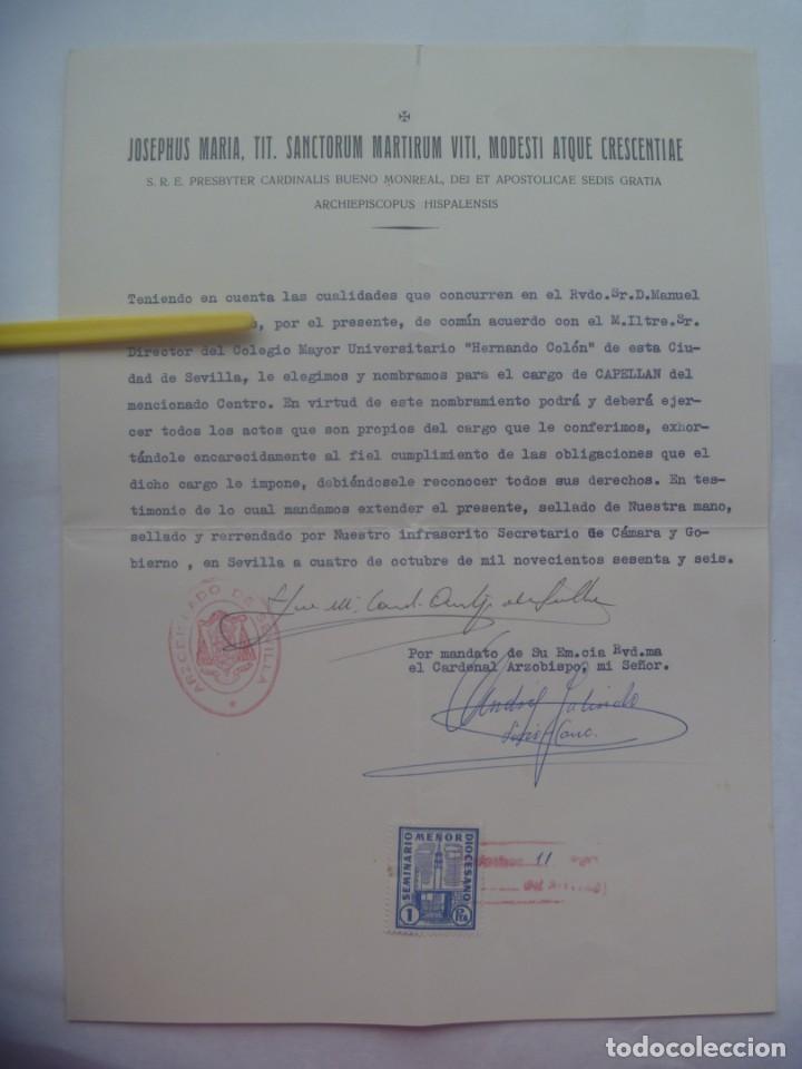 Documentos antiguos: CARDENAL BUENO MONREAL: NOMBRAMIENTO CAPELLAN COLEGIO MAYOR. SEVILLA, 1966. VI&Ntilde;ETA SEMINARIO