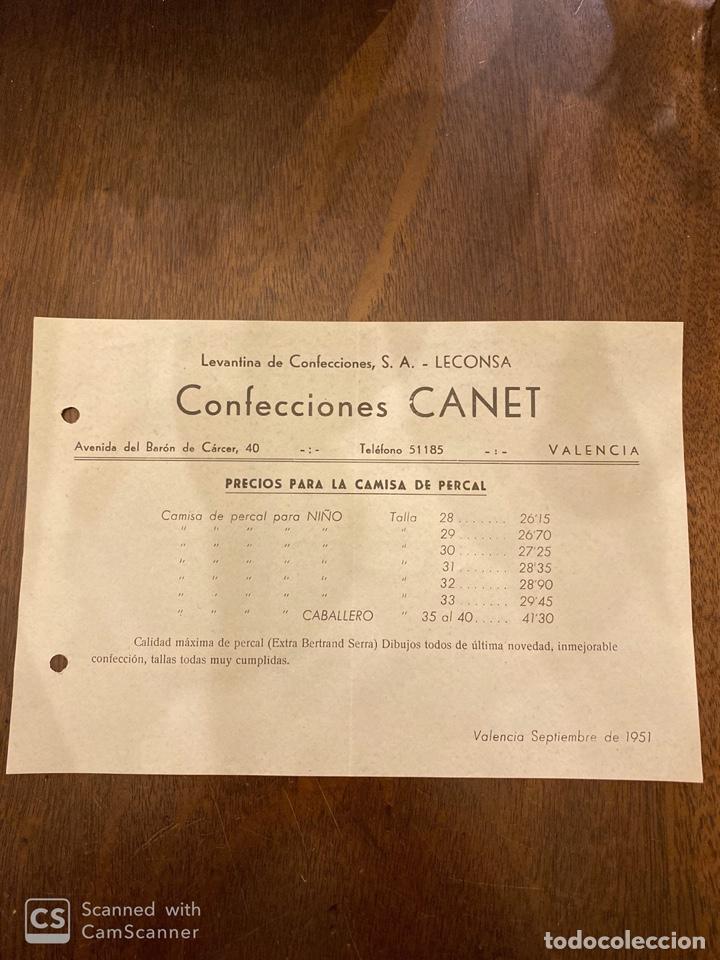 Documents Anciens: LISTA DE PRECIOS. CONFECCIONES CANET. LEVANTINA DE CONFECCIONES. LECONSA, 1951. VER FOTO.