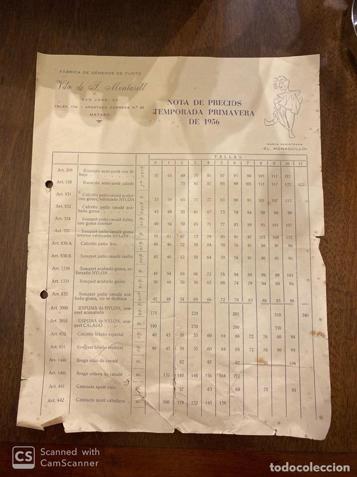 Documents Anciens: LISTA DE PRECIOS. FABRICA DE GENEROS DE PUNTO. VDA. DE J. MONTASELL. BARCELONA, 1956. VER FOTO