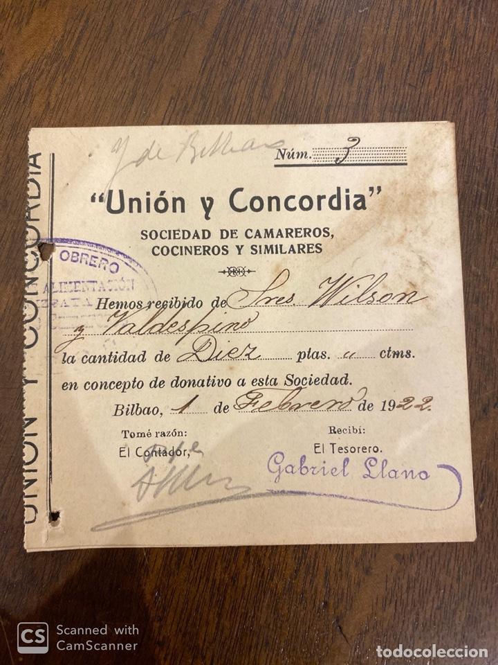 Alte Dokumente: BILBAO, 1922. UNION Y CONCORDIA. SOCIEDAD DE CAMAREROS COCINEROS Y SIMILARES. RECIBO DE DONATIVO