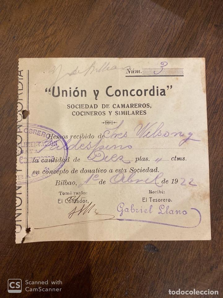 Alte Dokumente: BILBAO, 1922. UNION Y CONCORDIA. SOCIEDAD DE CAMAREROS COCINEROS Y SIMILARES. RECIBO DE DONATIVO